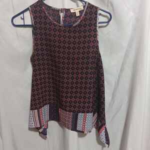 Women’s S Small Monteau Blue Red Geo Print Sleeveless Handkerchief Blouse